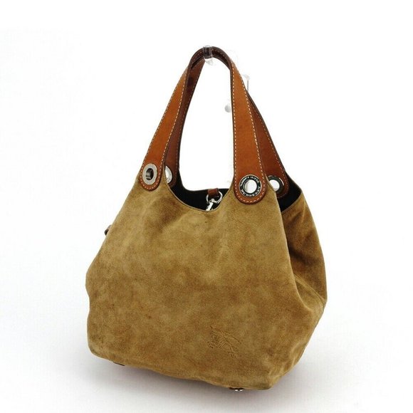 Authentic USED BURBERRY Horse Mark Beige Suede x Leather x Nylon Canvas